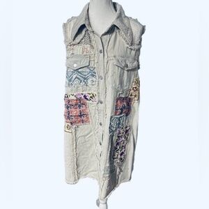 100% Cotton POL Patchwork Denim Dress Vest Boho Floral Embroidered Boho Cottage